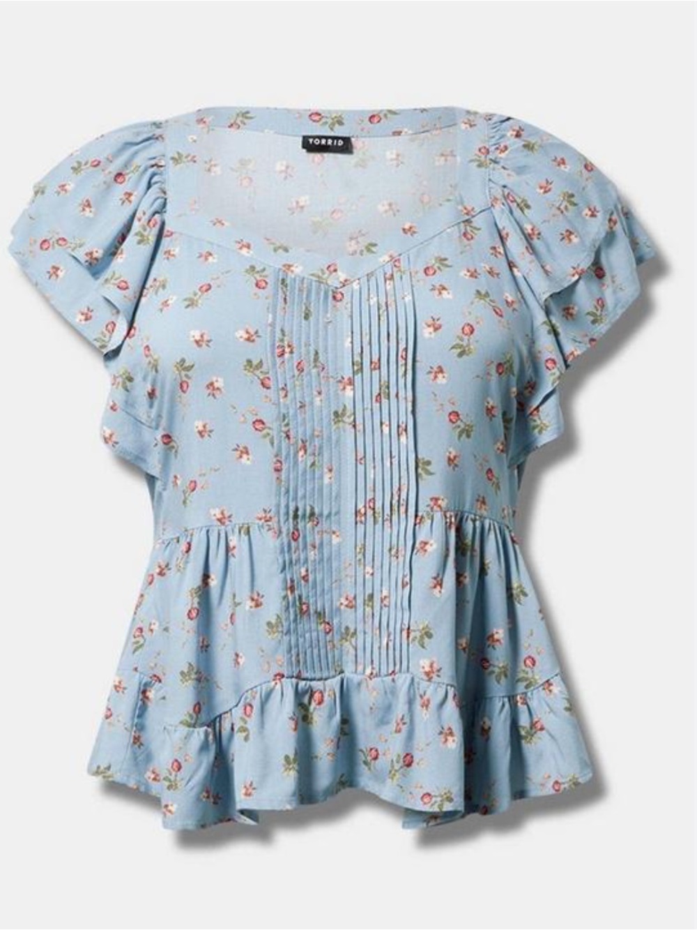 Torrid Women's dusty blue floral pintuck ruffle V-neck blouse Plus Size 3X